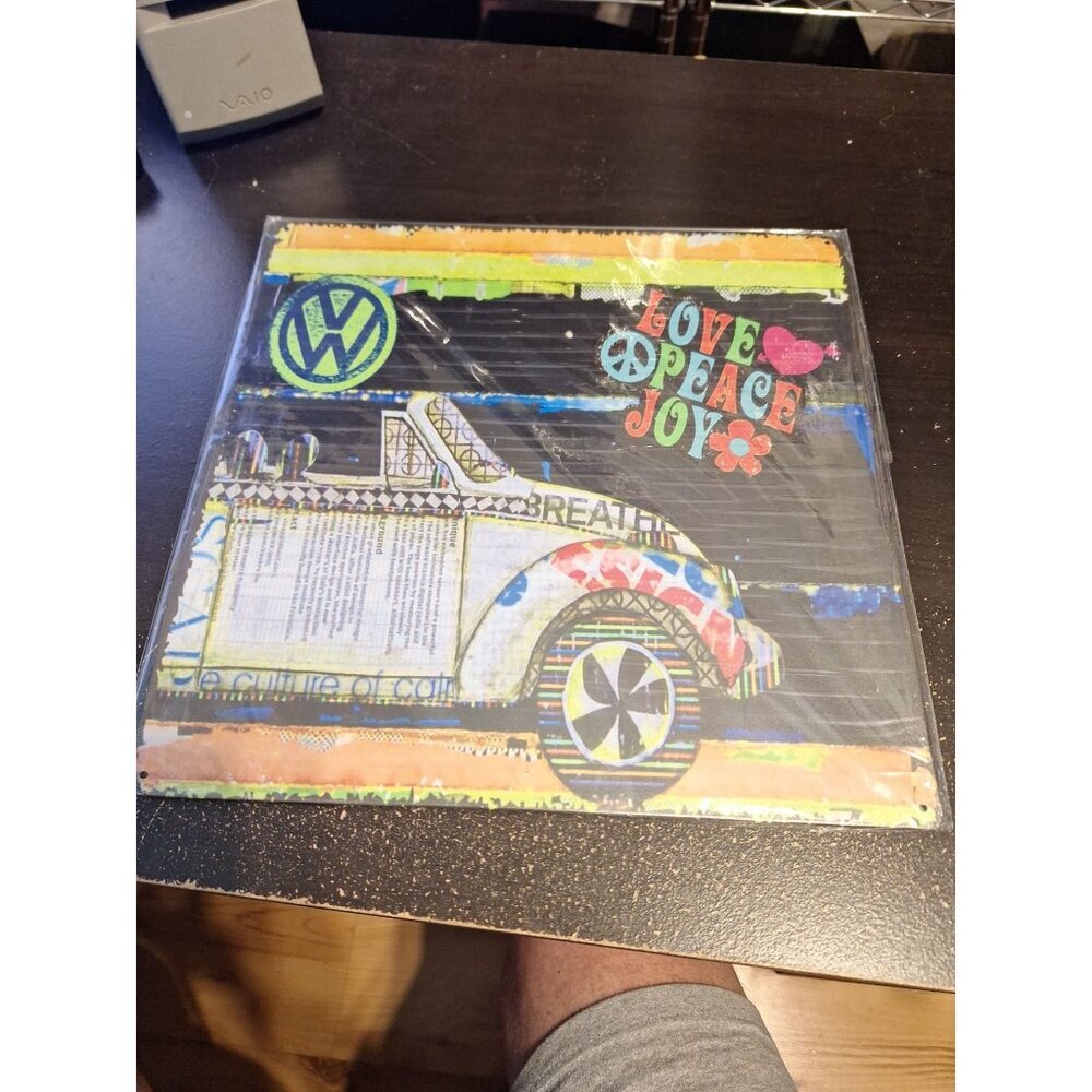 VW Style Love Peace Joy Metal Tin Sign 12" x 12" Vintage Hippie Van Wall Decor